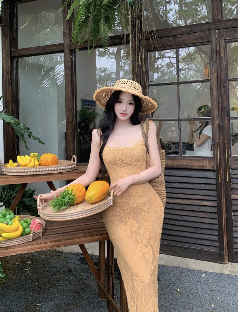 Sling square collar France style lace slim long dress for women