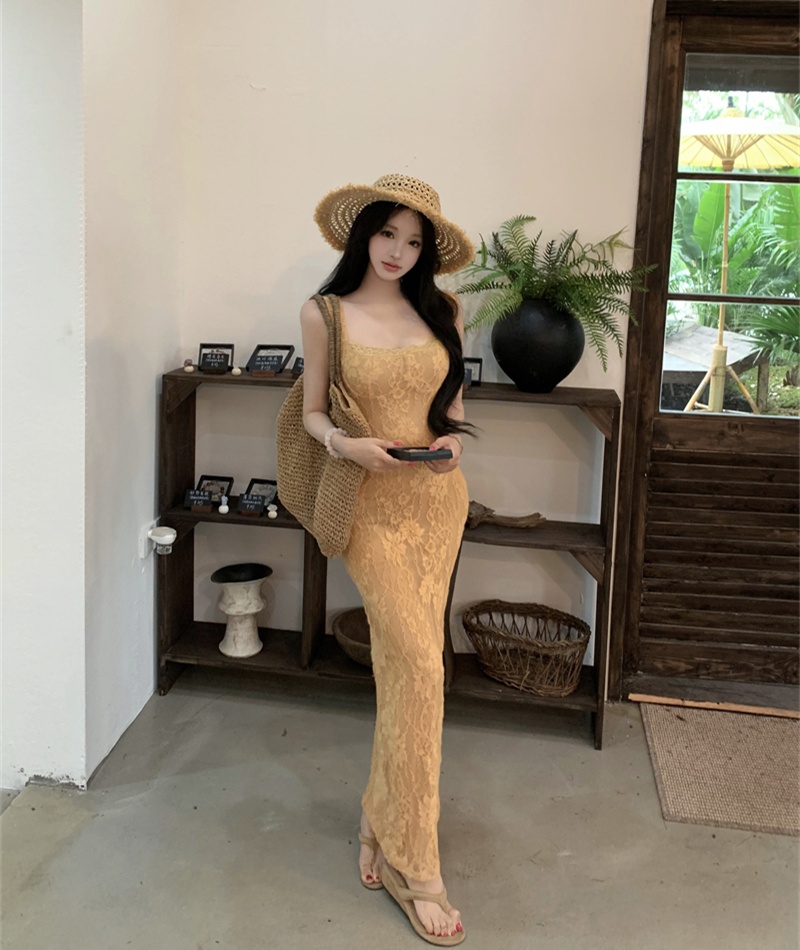 Sling square collar France style lace slim long dress for women