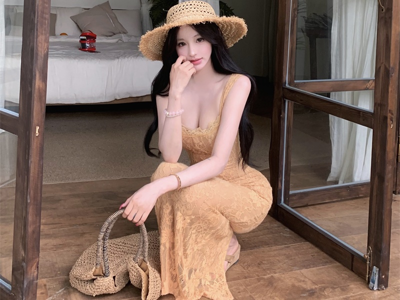 Sling square collar France style lace slim long dress for women