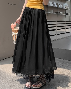 Elegant drape lace splice elastic waist long skirt for women