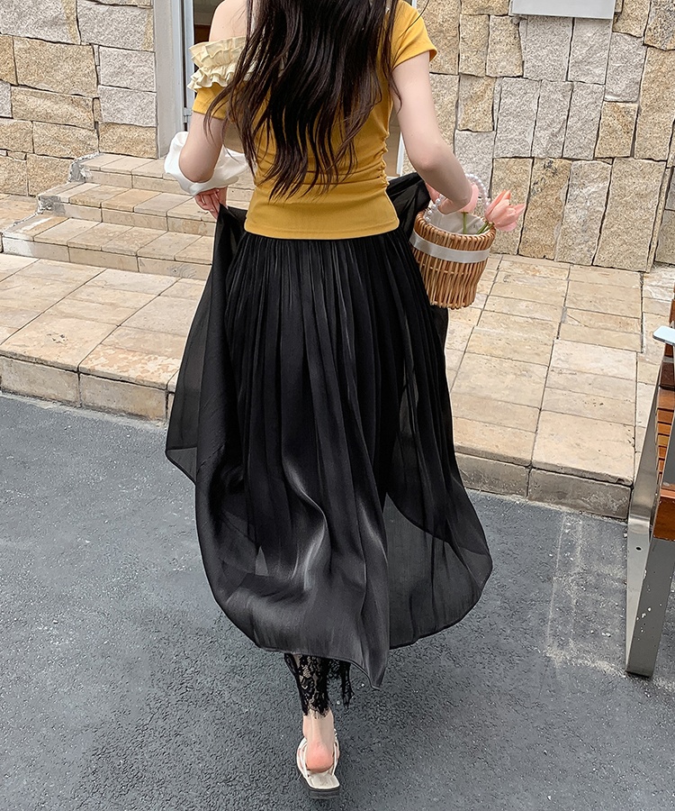 Elegant drape lace splice elastic waist long skirt for women