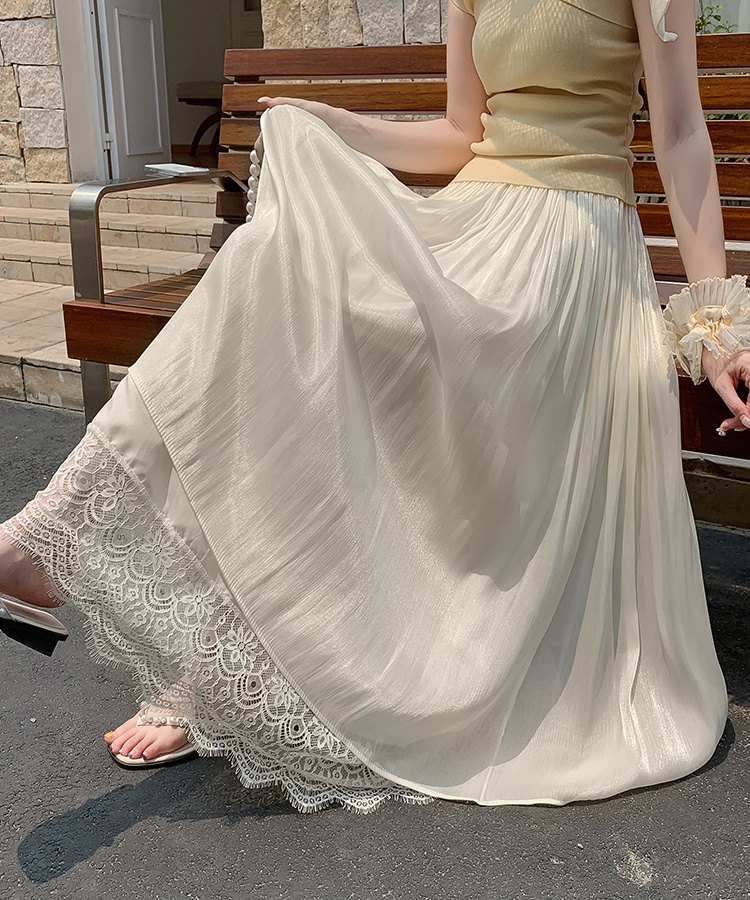 Elegant drape lace splice elastic waist long skirt for women