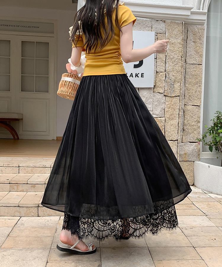 Elegant drape lace splice elastic waist long skirt for women
