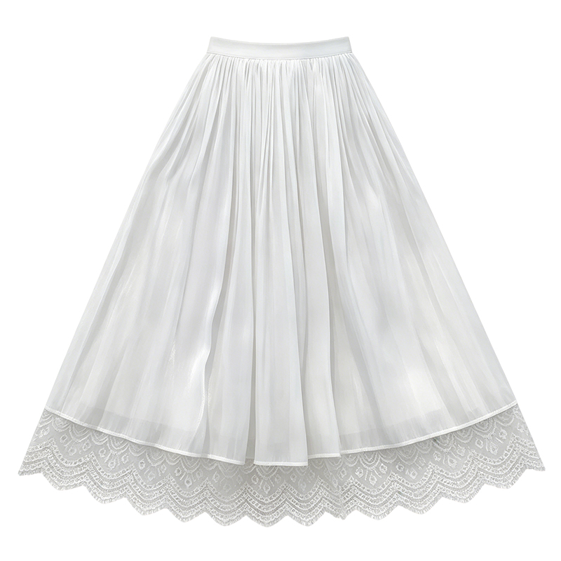 Elegant drape lace splice elastic waist long skirt for women