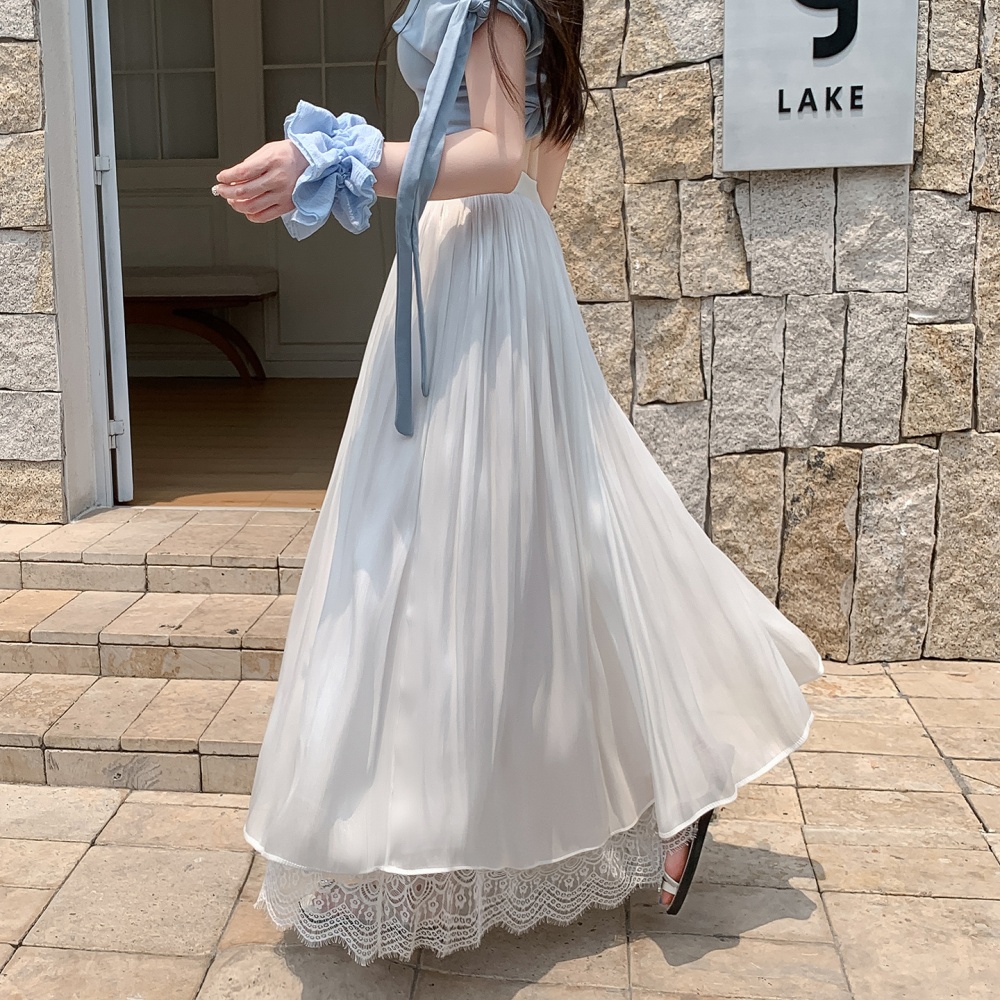 Elegant drape lace splice elastic waist long skirt for women