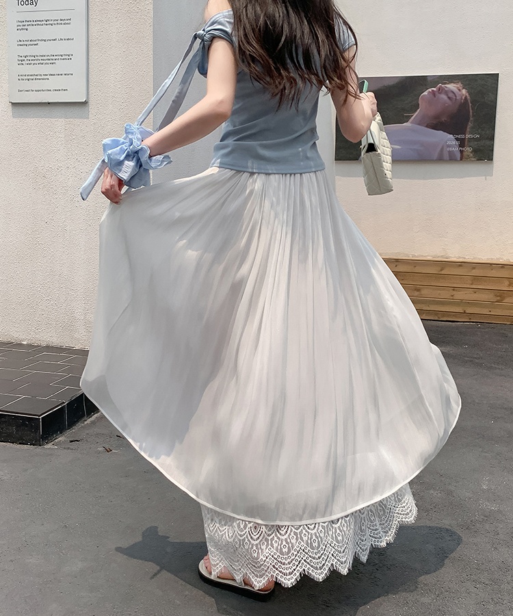 Elegant drape lace splice elastic waist long skirt for women