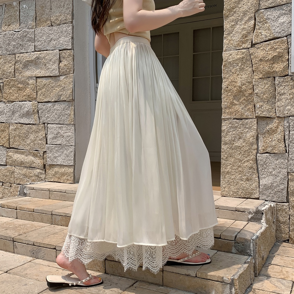 Elegant drape lace splice elastic waist long skirt for women