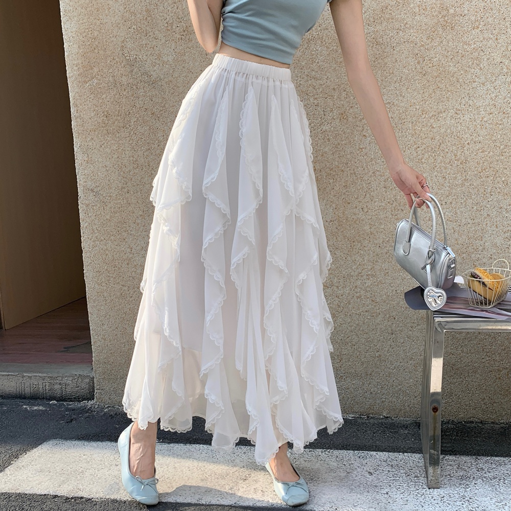 Lace A-line irregular skirt loose white long skirt for women