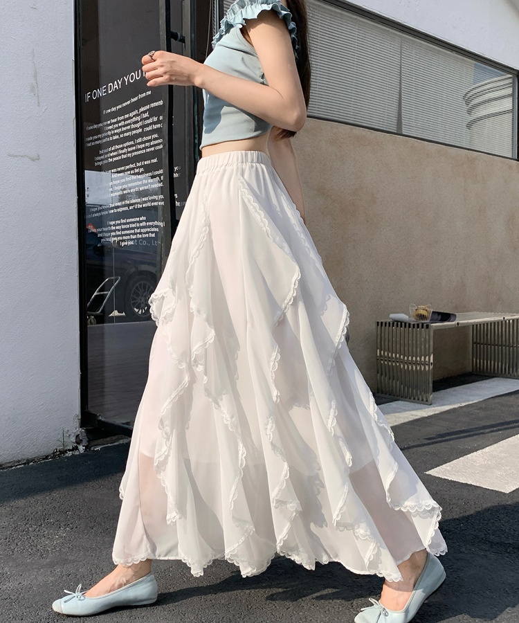 Lace A-line irregular skirt loose white long skirt for women