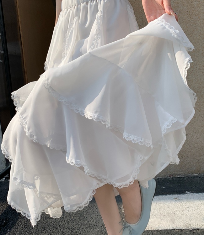 Lace A-line irregular skirt loose white long skirt for women