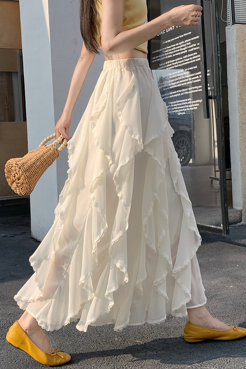 Lace A-line irregular skirt loose white long skirt for women