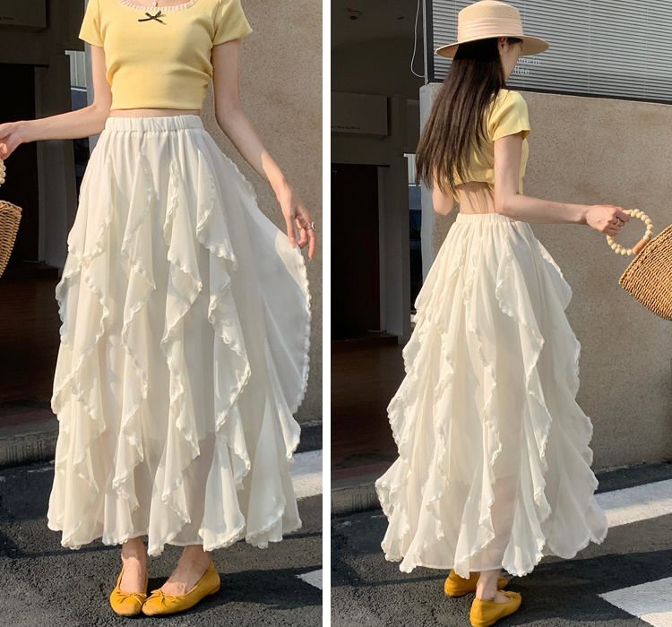 Lace A-line irregular skirt loose white long skirt for women