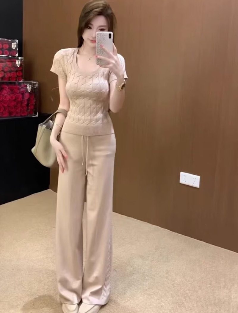 Slim wide leg pants tops 2pcs set for women
