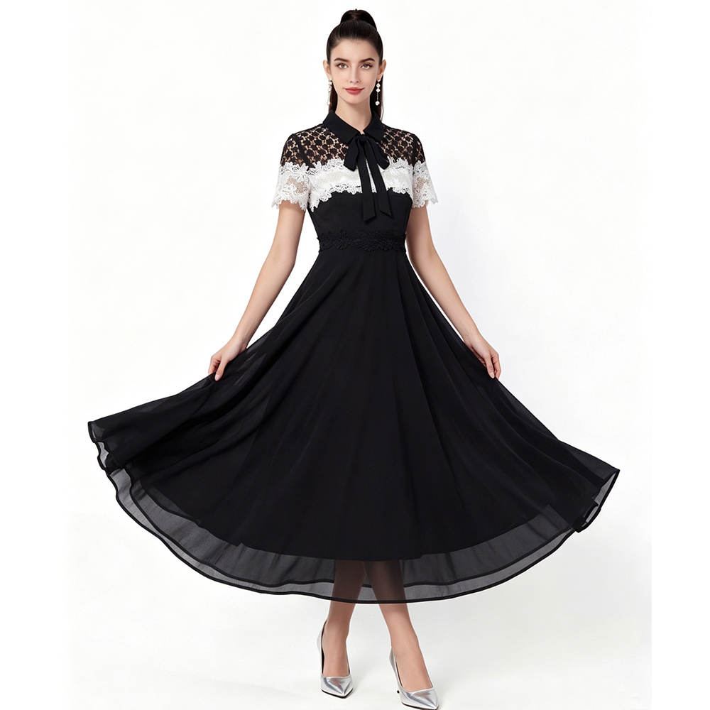 Short sleeve soft lace splice dress