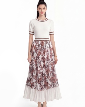 Printing splice sweater fashion big skirt dress