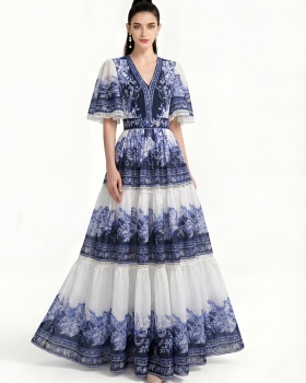 European style printing short sleeve elegant dress