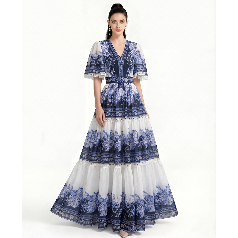 European style printing short sleeve elegant dress