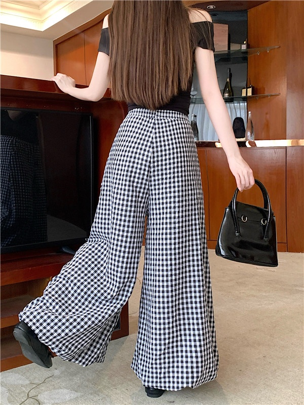 High waist summer wide leg pants plaid loose bloomers for women