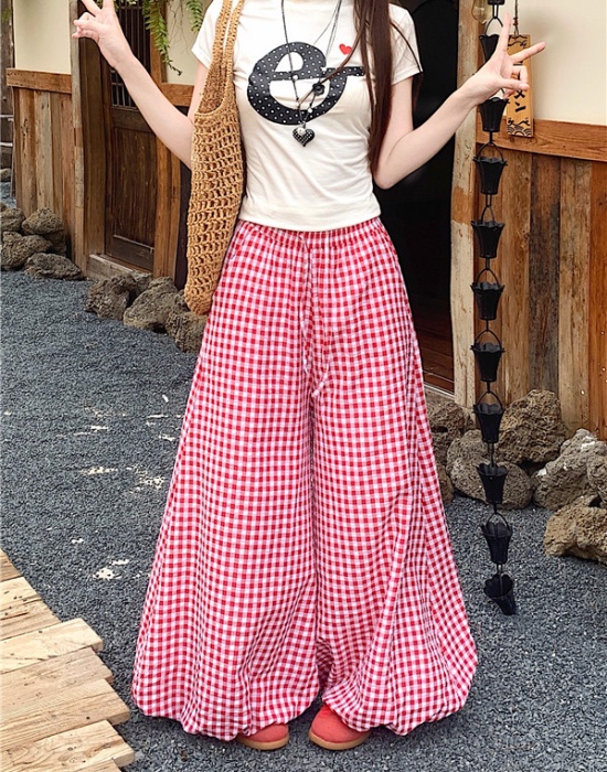 High waist summer wide leg pants plaid loose bloomers for women