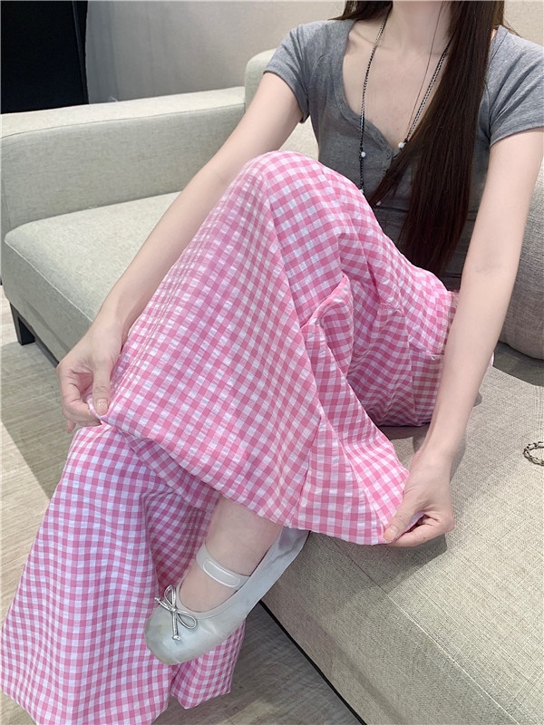 High waist summer wide leg pants plaid loose bloomers for women