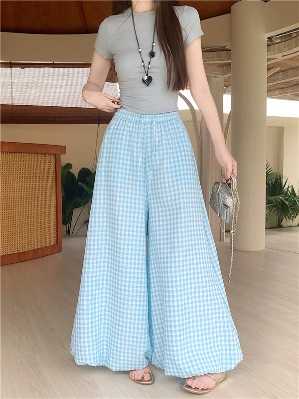 High waist summer wide leg pants plaid loose bloomers for women