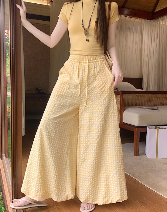 High waist summer wide leg pants plaid loose bloomers for women