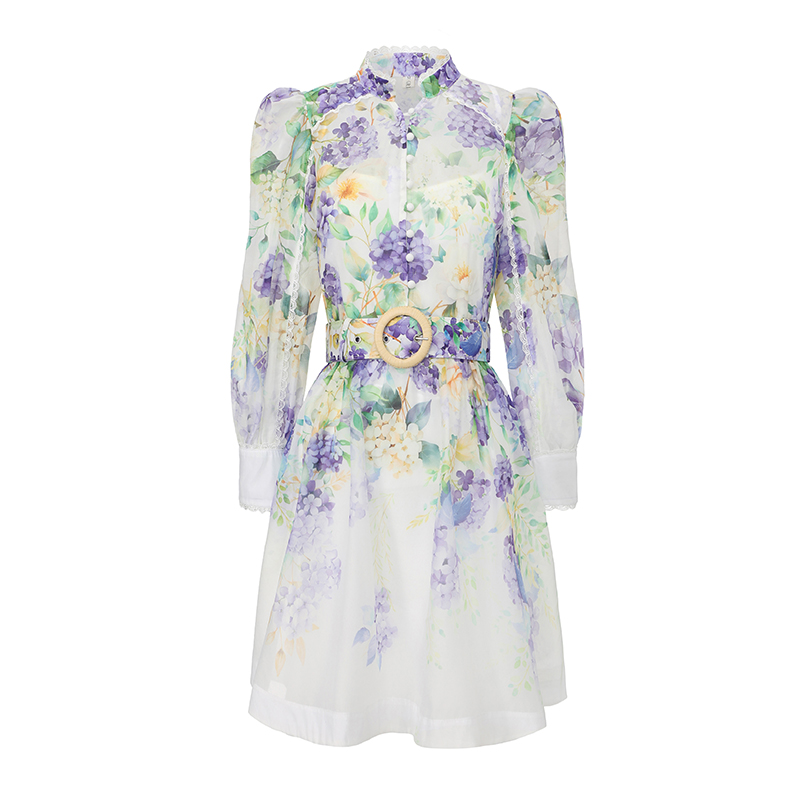 Spring and summer lace short painting puff sleeve dress