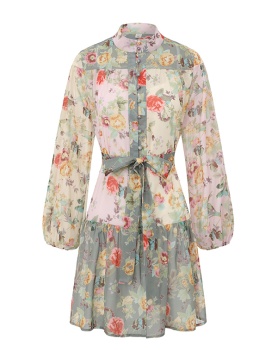 Cstand collar retro printing lantern sleeve dress