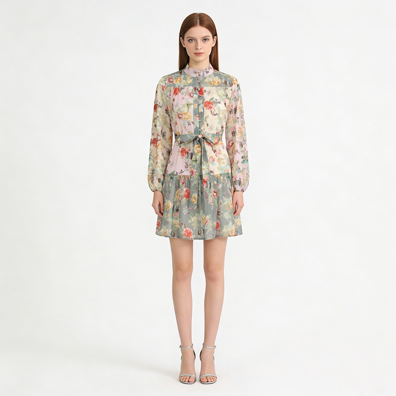 Cstand collar retro printing lantern sleeve dress