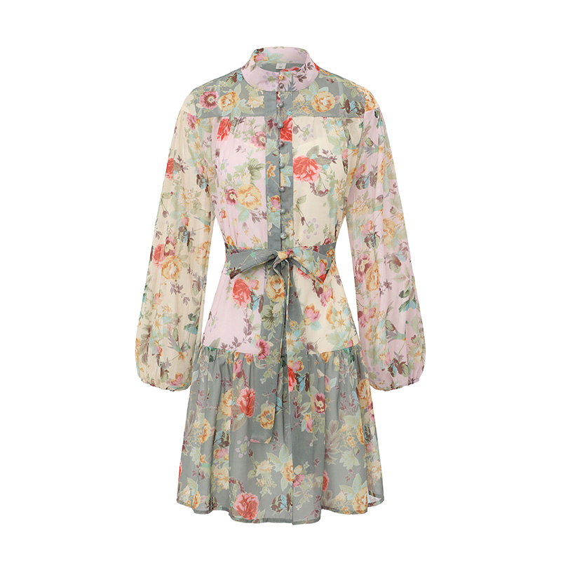 Cstand collar retro printing lantern sleeve dress