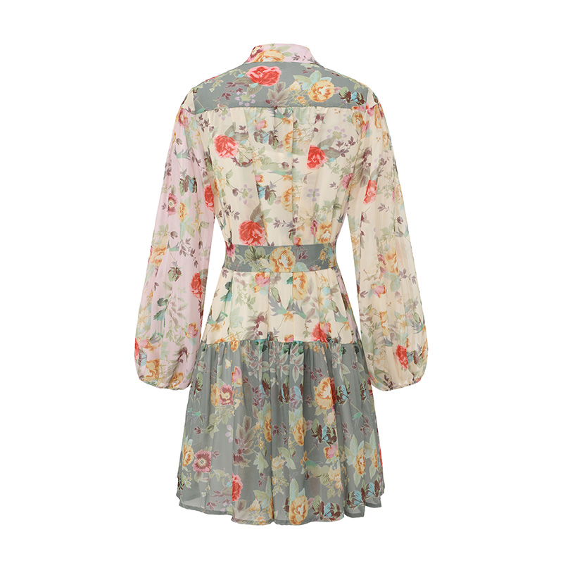 Cstand collar retro printing lantern sleeve dress