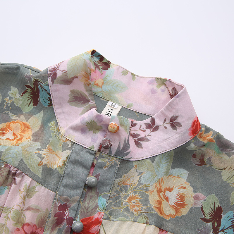 Cstand collar retro printing lantern sleeve dress