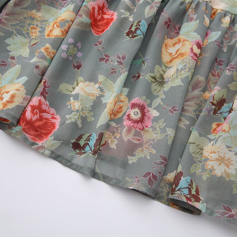 Cstand collar retro printing lantern sleeve dress