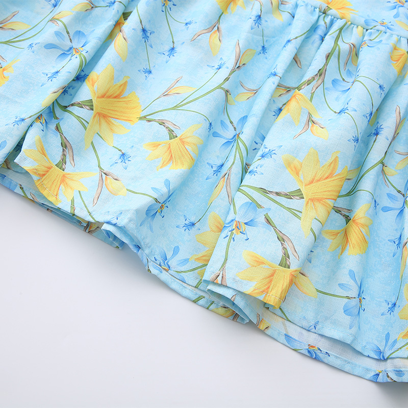 Flowers lantern sleeve short painting spring and summer dress