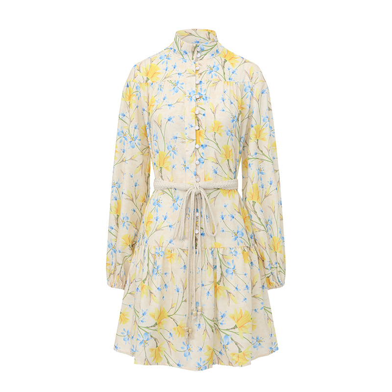 Painting short flowers lantern sleeve dress