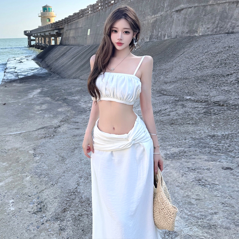 Low-waist short skirt wrapped chest long skirt 2pcs set