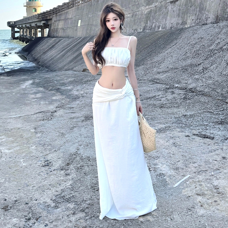 Low-waist short skirt wrapped chest long skirt 2pcs set