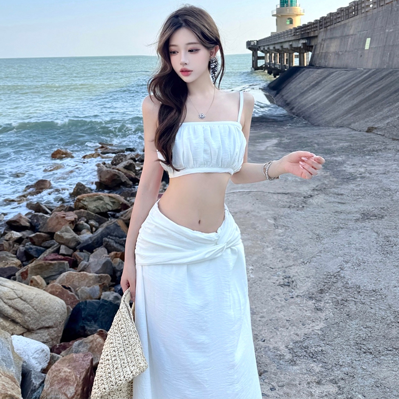 Low-waist short skirt wrapped chest long skirt 2pcs set