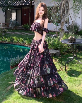 Flat shoulder seaside skirt floral vacation tops 2pcs set