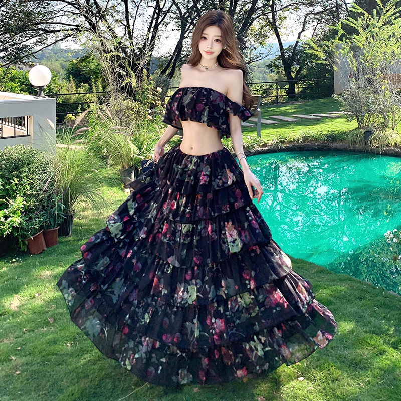 Flat shoulder seaside skirt floral vacation tops 2pcs set
