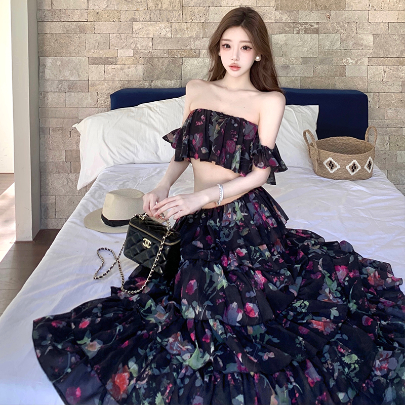 Flat shoulder seaside skirt floral vacation tops 2pcs set