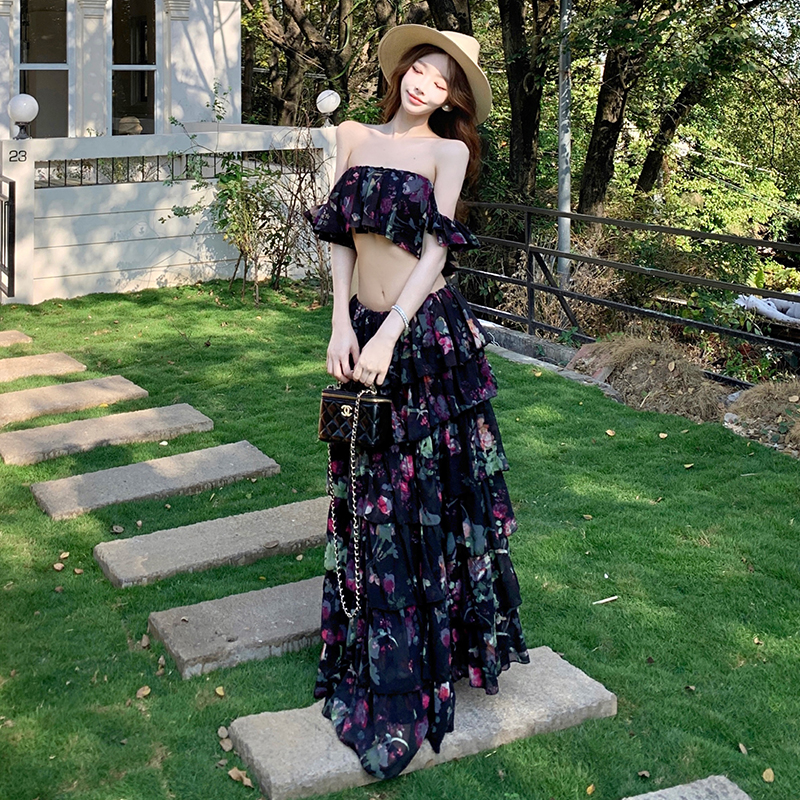 Flat shoulder seaside skirt floral vacation tops 2pcs set