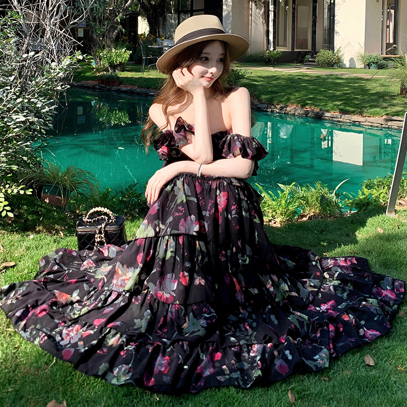 Flat shoulder seaside skirt floral vacation tops 2pcs set