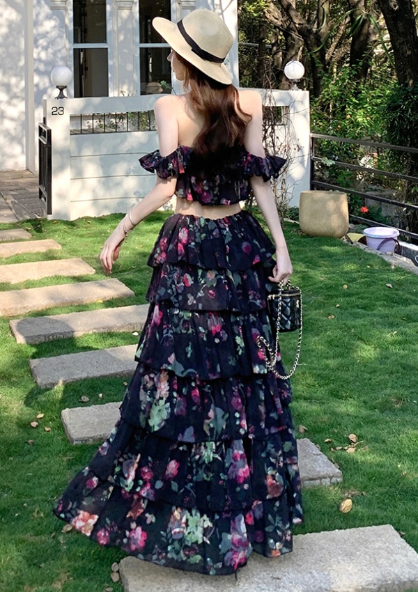 Flat shoulder seaside skirt floral vacation tops 2pcs set