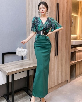 Splice printing tight dress V-neck package hip long dress