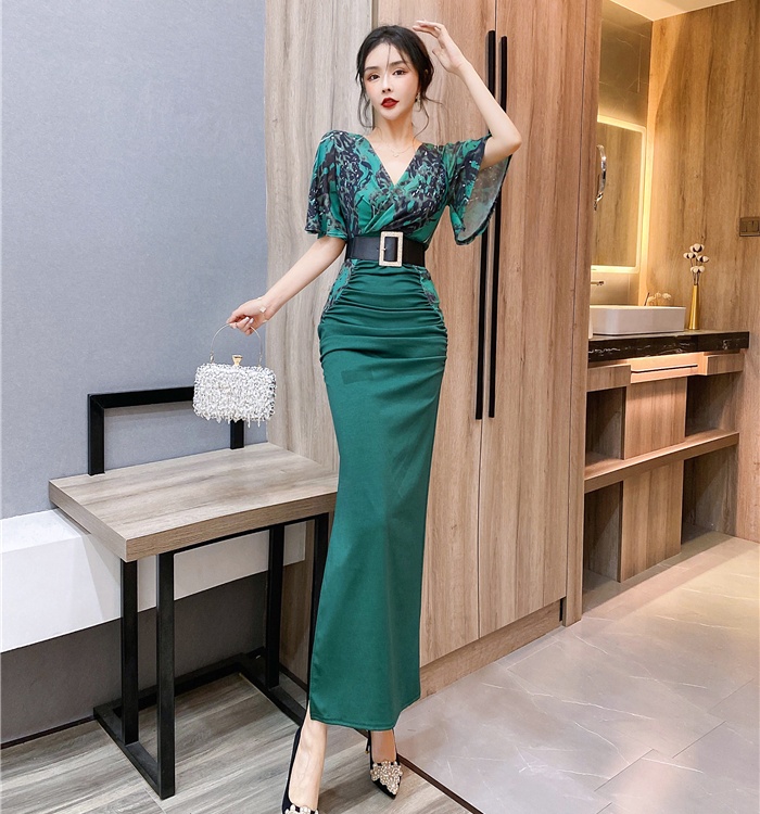 Splice printing tight dress V-neck package hip long dress