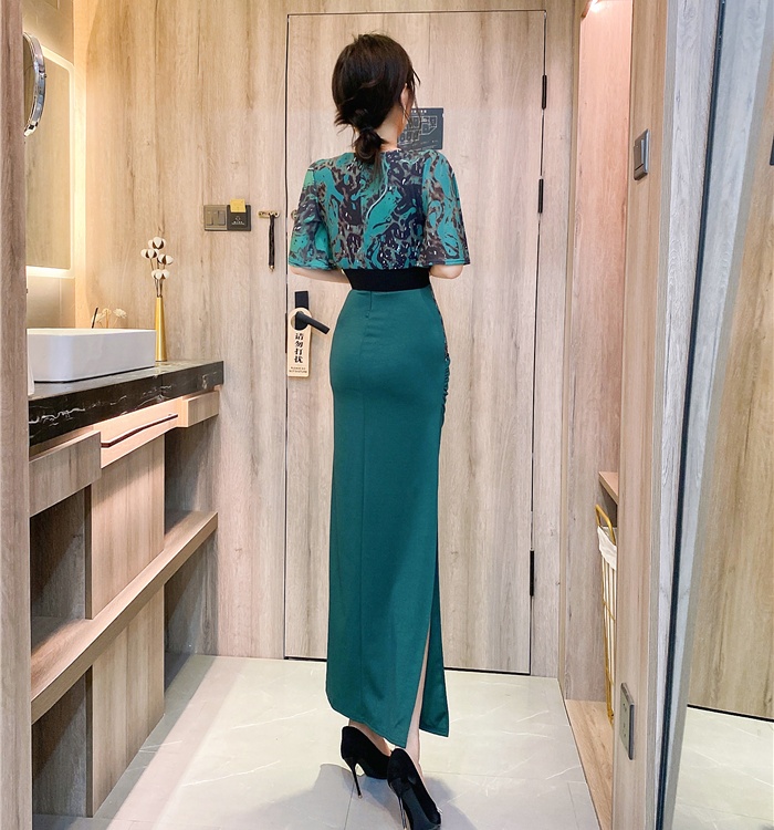 Splice printing tight dress V-neck package hip long dress