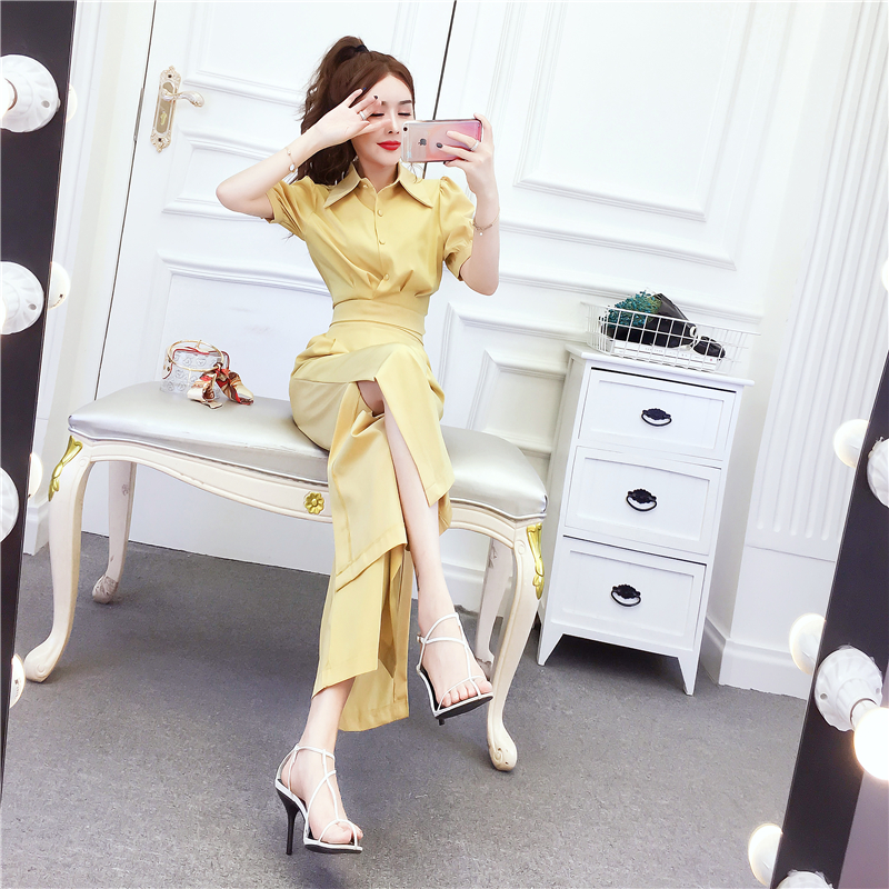 Summer fashion tops lapel long pants a set