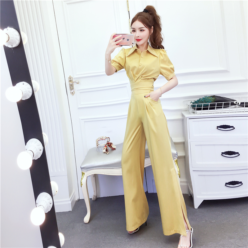 Summer fashion tops lapel long pants a set
