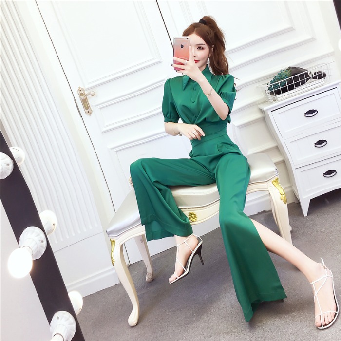 Summer fashion tops lapel long pants a set